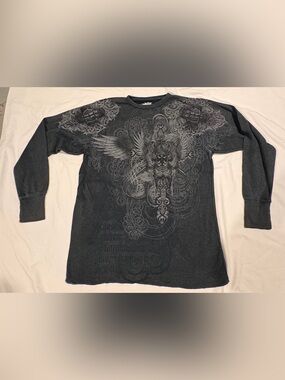 Y2k Dikotomy Winged  Cross Graphic Grey Thermo Sweatshirt Mens Sz:Large